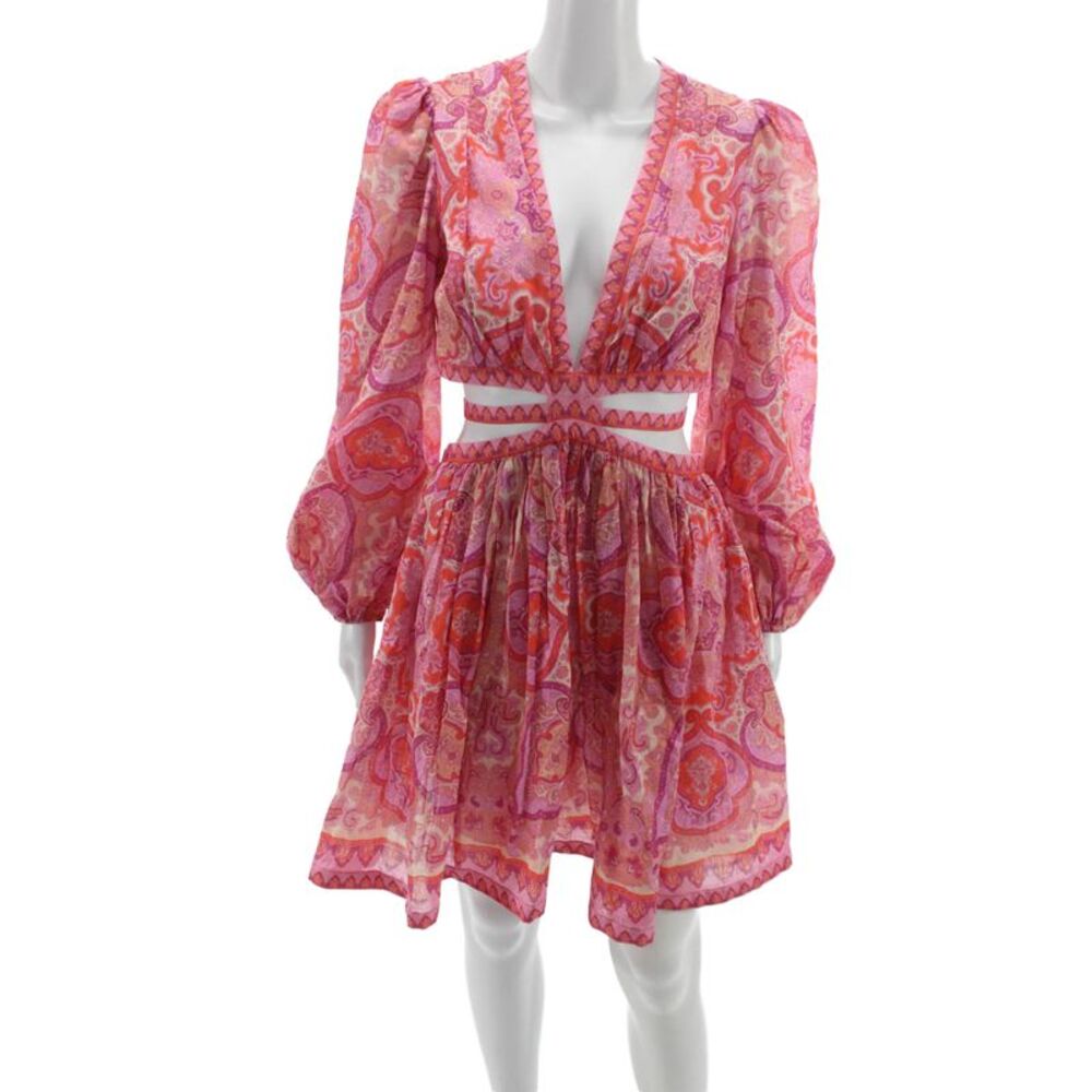 Zimmermann Womens Mini Fit & Flare Dress Pink Paisley V-Neck Long Sleeve Size 2